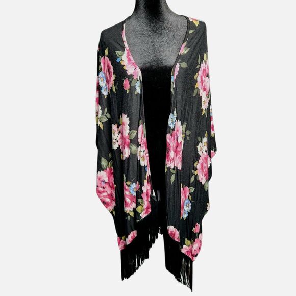 Sweet Rain Open Front Cardigan Womens M Boho Fringe Floral Kimono Black Pink - Picture 1 of 10